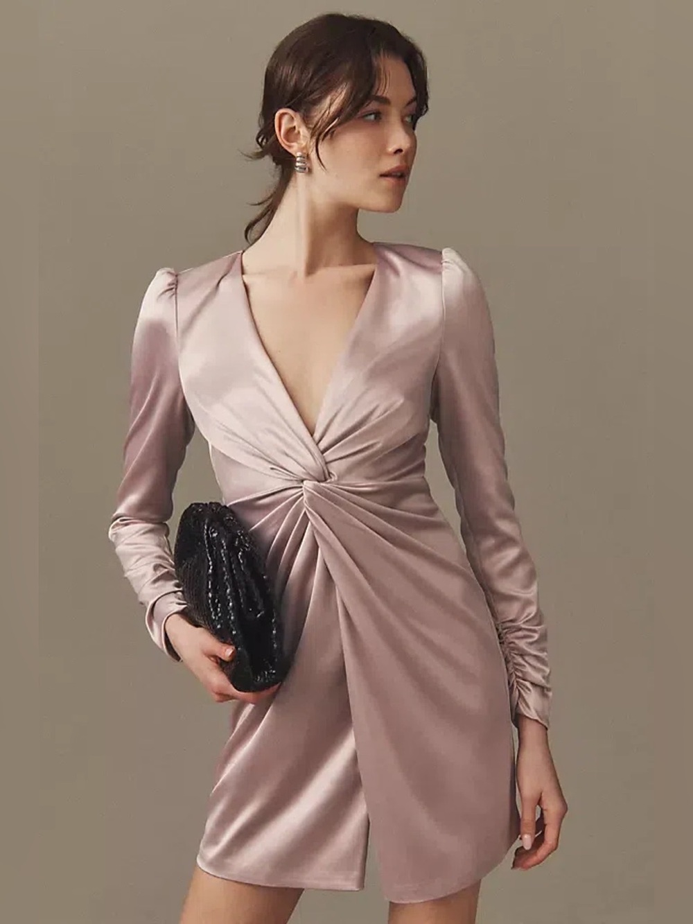 NWT pink BHLDN Maya stretch satin long-sleeve mini dress wedding guest FLAW